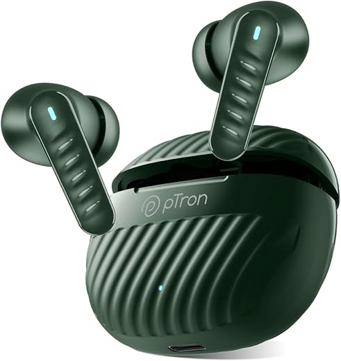 pTron Bassbuds Bliss TWS Earbuds with 4 QuadPro Mics, 3D AudioScape, TruTalk ENC Calls, 40H Playtime, 50ms Low-Latency Game/Music Modes, BT5.3, Type C Fast Charging & IPX5 Water Resistant (Green)