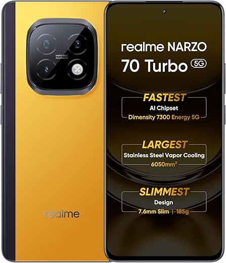 realme NARZO 70 Turbo 5G (Turbo Yellow, 8GB RAM, 128GB Storage) | Segment's Fastest Dimensity 7300 5G Chipset | Motorsports Inspired Design