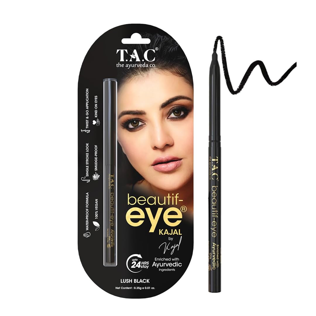 TAC - The Ayurveda Co. Beautif-Eye Black Kajal - Intense Black, Smudge-Proof, Waterproof, Matte Finish - Long-Lasting Up To 24 Hours - Single Stroke Application Eye Pencil For Women