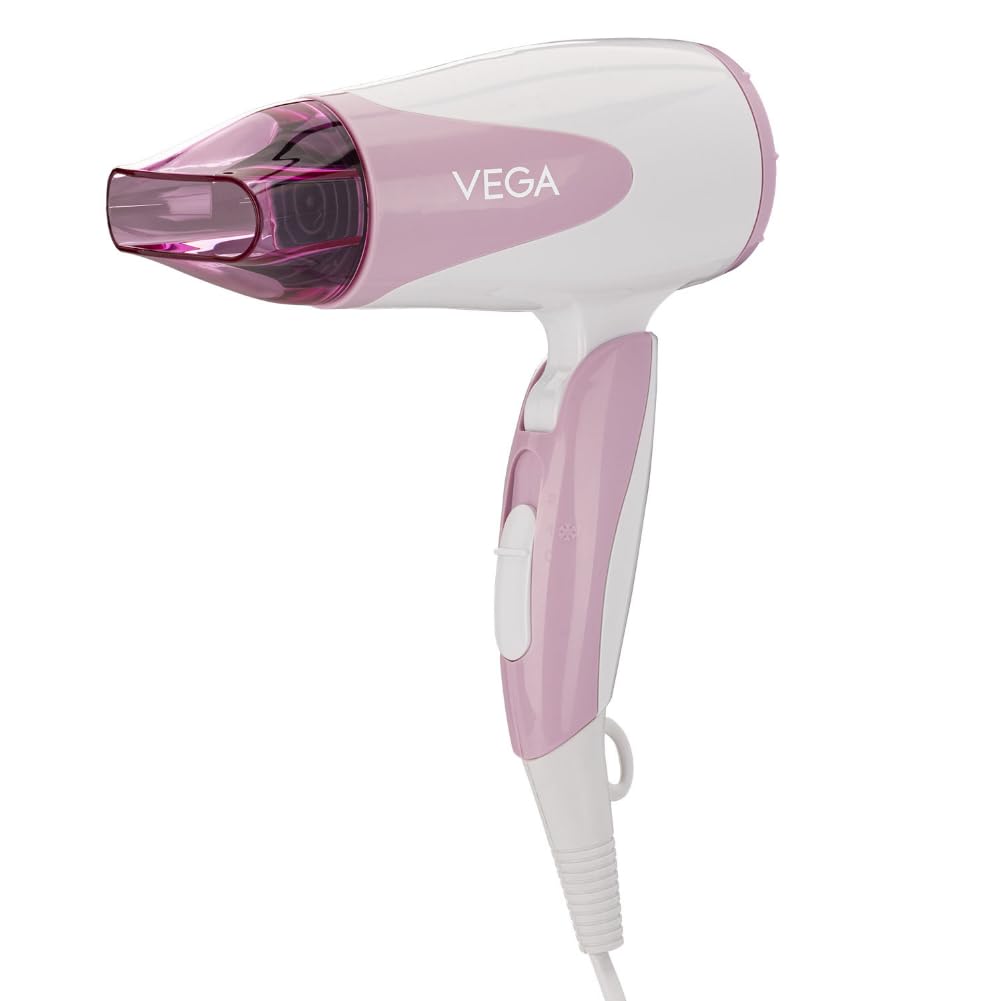 Vega Blooming Air Foldable 1000 Watts Hair Dryer for Women with Quick Dry, Flexiable Heat Setting and Detachable Nozzle, Automatic Overheat Cutout (VHDH-05), (Made in India)