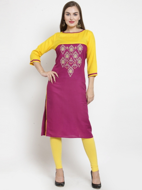 WESTCLO Women Magenta & Yellow Embroidered Straight Kurta