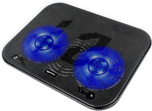 Amazon Basics Laptop Cooling Pad, USB Powered Portable Gaming Laptop Cooler Stand | Quiet 2 Fans with Blue LED Light | 2 Viewing Angles | Slim Chill Mat for 10 to 15.6-Inch Laptops
