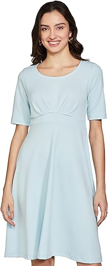 Amazon Brand - Eden & Ivy Women's Crepe Fit and Flare Knee-Length Dress (ENISS22WDR306_Lt Blue_L)