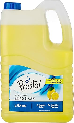 Amazon Brand - Presto! Disinfectant Surface & Floor Cleaner, (Citrus) - 5 Ltr | Kills 99.9% Germs | Suitable for Bathroom & Floor surfaces like ceramic, marble, granite, mosaic etc.