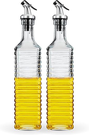 Amazon Brand - Solimo Oil Dispenser With Spout, Juices; Leak-Proof, Dust-Proof, Messy-Pour-Free, Silica Glass, Striped Design, Set Of 2, 500 Ml, Transparent