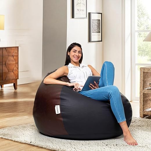 Amazon Brand Solimo Premium Faux Leather Bean Bag, Filled with Beans | Capacity: Upto 6 Ft Height, 120 KG Weight | 3XL | Black and Brown