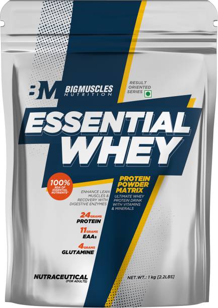 BIGMUSCLES NUTRITION Essential| 24g Protein with Digestive Enzymes, Vitamin & Minerals Whey Protein  (1 kg, Unflavoured Raw Whey)