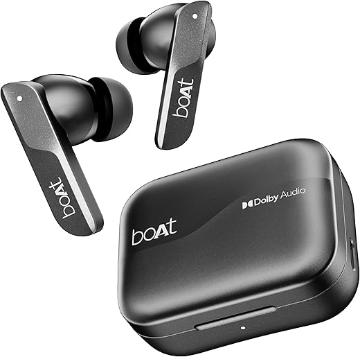 boAt Airdopes 800 True Wireless in Ear Ear Buds w/Dolby Audio, Adaptive EQ by Mimi, 40 Hours Playback, 4 Mics w/AI-ENx™, in-Ear Detection & Hearables App Support(Interstellar Black)