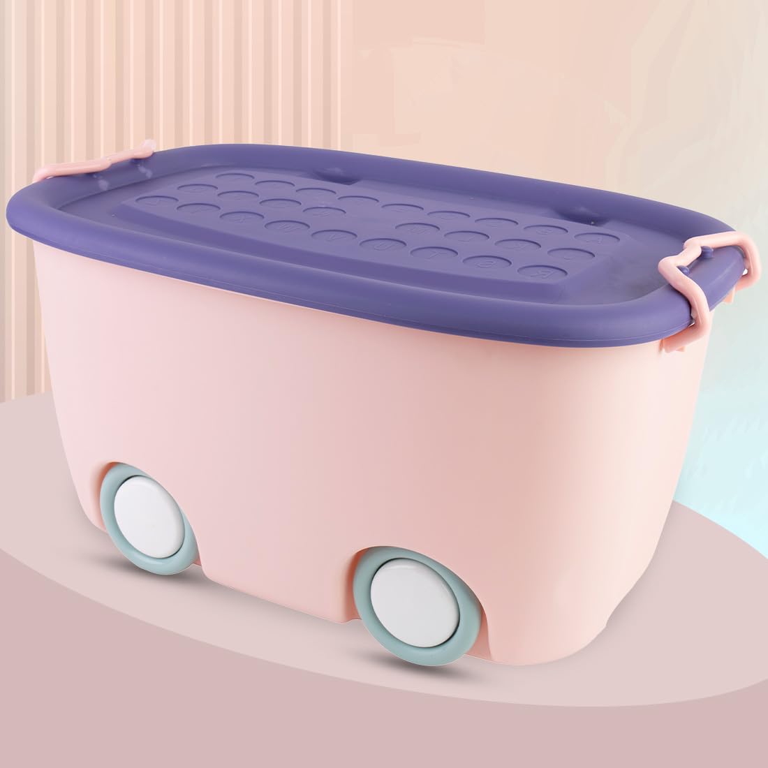 BUMTUM Plastic 25L Toy Storage Box With Locking Lid & Handle - Pink | Rolling Organizer With Stackable Design & Wheels | Toy Basket Storage Solution For Kids | Size: 49X32X26 Cm