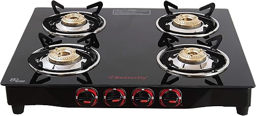 Butterfly Smart 4 Burner Glass Top Gas Stove | Manual Ignition | Scratch Resistant Toughened Glass | Brass Burners | Skid-proof Legs | 1 Year Manufacturer's Warranty | Black