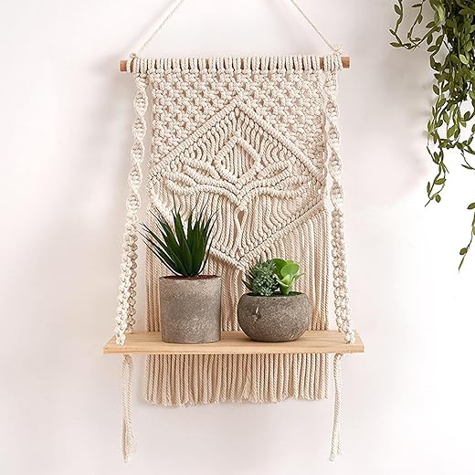 Decazone Macrame Indoor Wall Hanging Shelf Chic Decor Wood Floating Boho Shelves with Wooden Dowel Hand Woven Bohemian Decor for Apartment Dorm Bedroom Living Room Nursery Beige 60 x 30cm