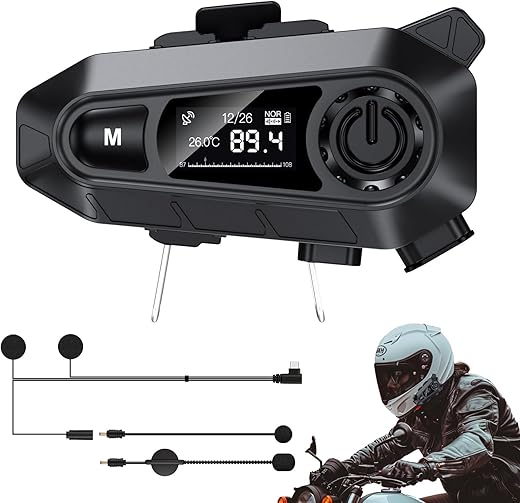 EDYELL A1 FM Radio Motorcycle Bluetooth Headsets, Smart LED Display Helmet Bluetooth, HD Calling and HiFi Music, IP67 Waterproof Helmet Headset, Compatible with All Helmets