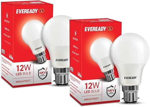 Eveready 12W B22 Led Light Bulb | High Efficiency & Glare-Free Light | Pack Of 2 | 4Kv Surge Protection | With Wide Operating Voltage Range | 100 Lumens Per Watt | Cool Day Light (6500K)