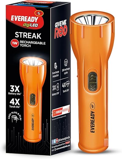 Eveready Streak DL22 Digi LED Torch | Super Bright 1W LED | 3X Battery Life | 4X Torch Life | Heavy Duty Rechargeable Flashlight | Overcharge Protection | Durable ABS Body