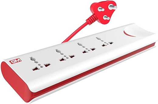 GM 3060 E-Book 4 + 1 Power Strip Red & White Color 250 Volts with Master Switch, Indicator, Safety Shutter & 4 International sockets, Extension Cord for Home Appliances