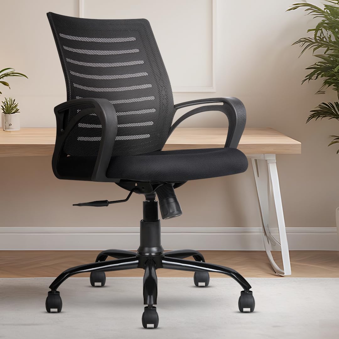 INNOWIN Mini Jazz Mesh Mid-Back Ergonomic Home Office Chair | 3-Years Limited Warranty Included | Tilting & Height Adjustable Mechanism, Heavy Duty Metal Base | Ideal for Office Work & Study (Black)
