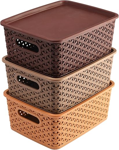 Kuber Industries Plastic Multipurpose Solitaire Storage Basket with Lid|Side Handles & Wovan Design|Size 25 x 20 x 11 CM|Pack of 3 (Multi)-CTLTC010896