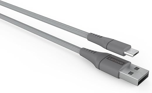 Lenovo Micro USB Tangle-free Aramid fiber braided 1m cable with 4A charging & 480 MBPS data transmission, certified 10000+ bend lifespan, Metallic Grey