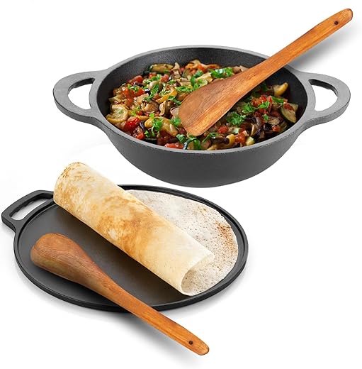 Lifelong Cast Iron Dosa Tawa & Kadai with Wooden Spatula for Dosa, Uttapam & Chapati | 30 cm Tawa & 24 cm Kadhai | Pre Seasoned, Non-Toxic, Non-Stick & Teflon Free | Gas & Induction Stove-Friendly