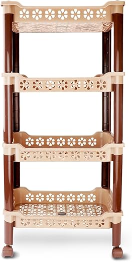 Nayasa Candy Rectangular Trolley 4 Layers | Kitchen Organizer | Stand for Kitchen | Shelf Organizer | Vegetable Basket for Onion,Potato |Vegetable Trolley with Wheels | 38 X 28 X 79 cm | Cream