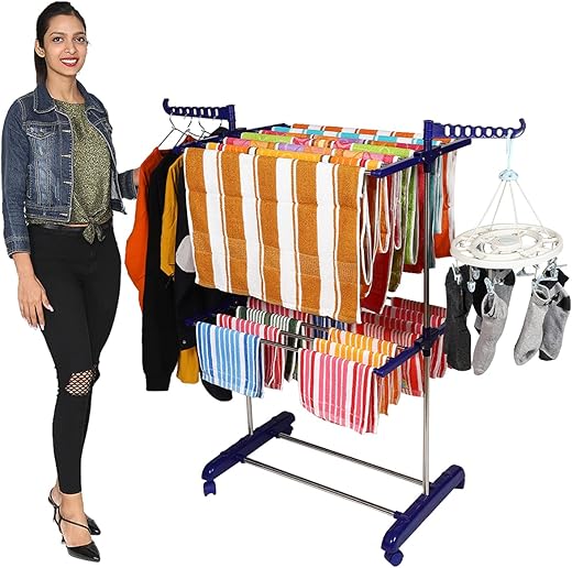 Paffy Premium Clothes Stand for Drying with Wheels | Portable | 2 Layer Rack for Balcony | Foldable Wings | 14 Hanger Rods | Anti Rust Steel Metal (Blue | Compact Jumbo)