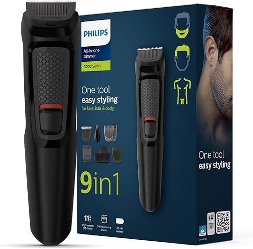 Philips India's No.1 Men's Trimmer | Self Sharpening Blades | Single Stroke Grooming I 9 in1 Face, Nose and Body I 3 year warranty | Powerful motor | No Oil Needed I 60 min runtime I MG3710/65