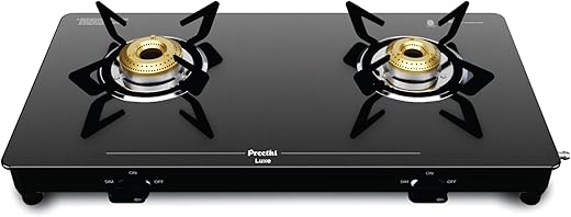 Preethi Luxe 2 Burner Glass Top Gas Stove With Driptray Less Infinity Design, 5 Year Warranty on Glass & Burner, Manual Design, Black