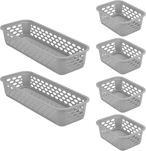 RATAN PLASTICWARE Diana Tray Baskets Pack of 6 (Small X 4+Narrow X 2) - (Grey) | Desk Basket/Organizers for Stationery, Jwellery, Tools, Cabinet organizer for Bedroom or Washroom, Kitchen, Office