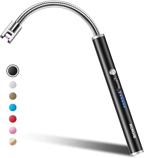 Ronxs Electric Lighter, Candle Lighter Electric USB Rechargeable Lighter with Battery Display, Longer Flexible Neck Windproof Plasma Arc Long Lighters for Candles Fireworks - Plastic