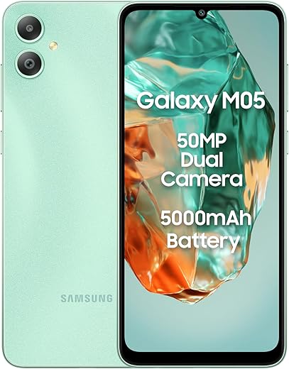 Samsung Galaxy M05 (Mint Green, 4GB RAM, 64 GB Storage) | 50MP Dual Camera | Bigger 6.7" HD+ Display | 5000mAh Battery | 25W Fast Charging | 2 Gen OS Upgrade & 4 Year Security Update | Without Charger