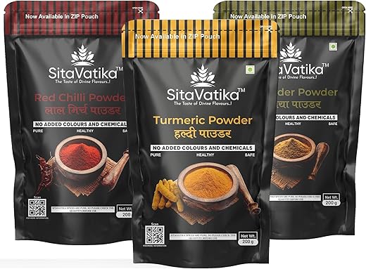 Sitavatika 100% Natural Spices Combo Red Chilli Powder Turmeric Powder Coriander Powder Artificial Colors And Preservatives Free Pack of 3 x 200gm Each