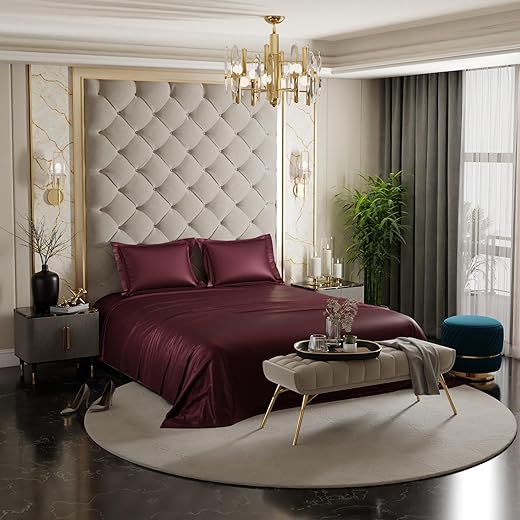 Stoa Paris Satin Solid Bedsheets For King Size Bed - 300Tc Premium Bedsheet With 2 Pillow Cover, Luxury Bedding Set, Gift For Couples For Romantic Dates, Wedding, Velvet Wine
