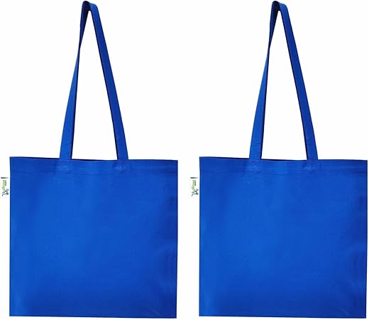 VantageKart Unisex-Adult Blue Cotton Plain Canvas Tote Shopping Bags with Extra Strong 13" Handle,Hold 35 Lbs Heavy Duty,Washable,Eco Friendly Biodegradable Canvas Multipurpose Grocery Bag-Set of 2