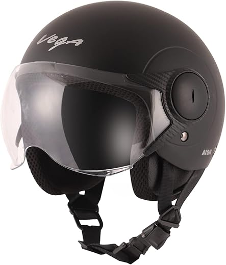 Vega Atom ISI Certified Smooth Matt Finish Open Face Helmet for Men and Women with Clear Visor(Dull Black, Size:M)