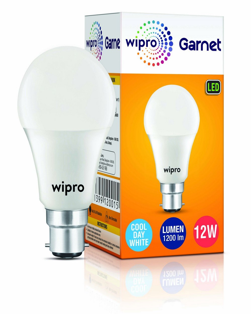 wipro Garnet 12W LED Bulb for Home & Office |Cool Day White (6500K) | B22 Base|220 degree Light coverage |4Kv Surge Protection |400V High Voltage Protection |Energy Efficient | Pack of 1