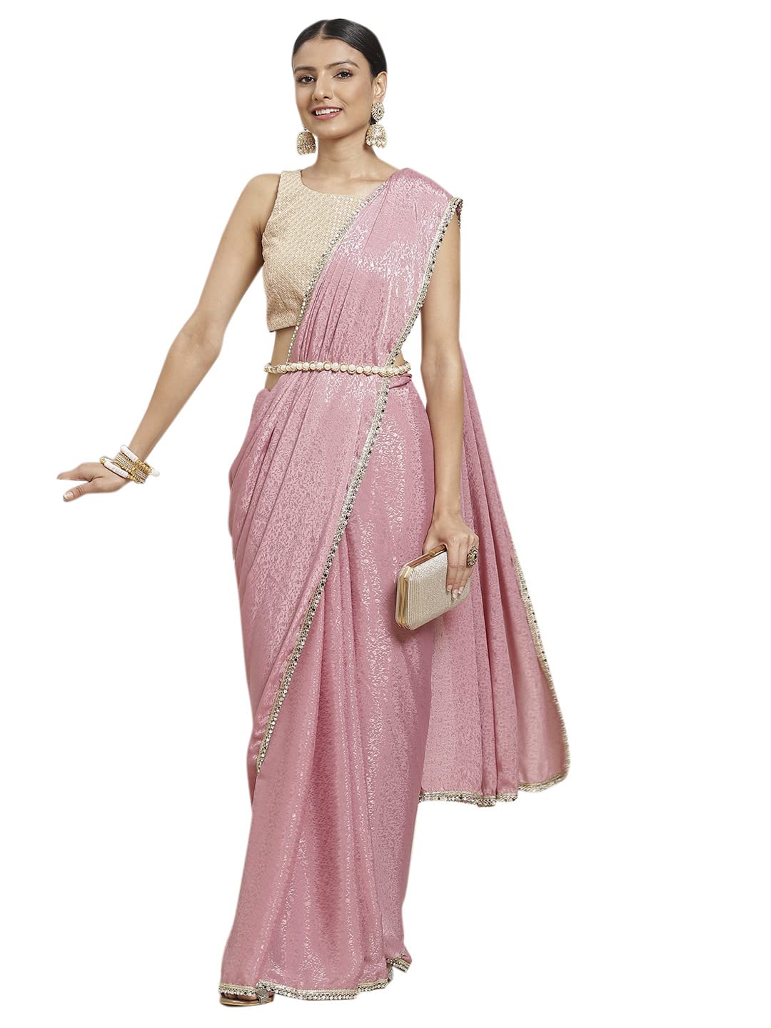 Womanista Women's Crepe Saree With Embellished Lace(TI2979_Pink_Onesize)