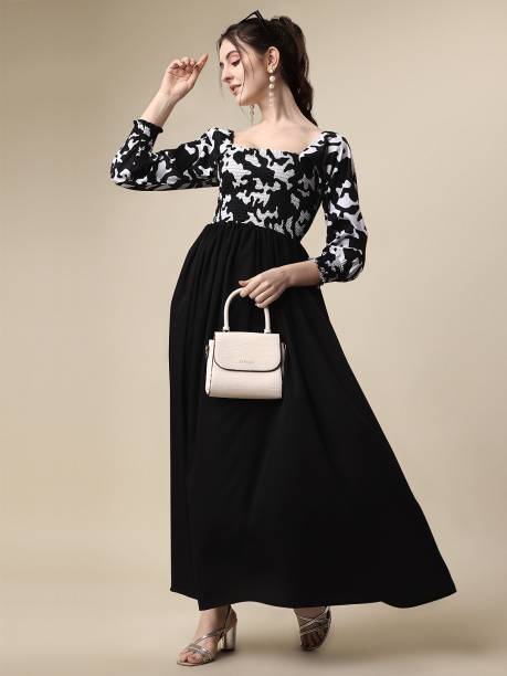 Women Fit and Flare Black, White Dress