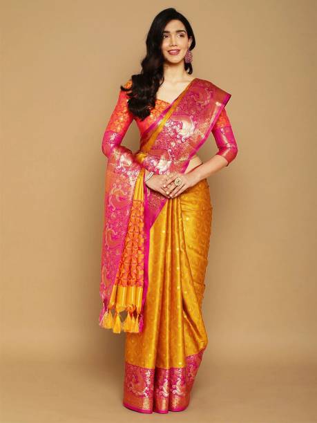 Woven, Self Design Banarasi Jacquard, Cotton Silk Saree  (Yellow)