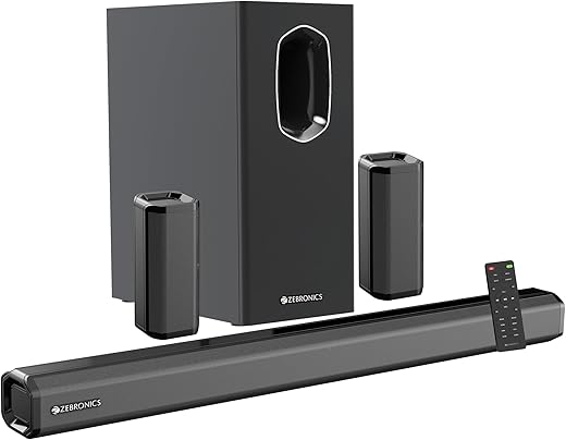 ZEBRONICS Juke BAR 7400 PRO 5.1 Channel soundbar with 6.5" subwoofer, 180W RMS, Dual Rear Satellites, HDMI (ARC), Optical in, AUX, BT v5.0, USB in, Remote Control,LED Display and Wall Mount(Black)