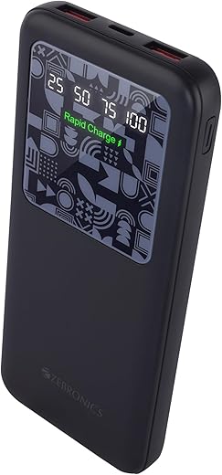 ZEBRONICS MB10000S15 Power Bank, 10000 mAh, Rapid Charge, 22.5W Output, Dual USB Output, PD 3.0 Type C, Built in Protections, Percentage Indicator, Made in India