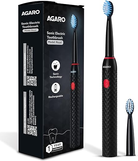 AGARO Royal Sonic Electric Toothbrush for Adults with 3 Modes, 19000 Strokes per minute, 2 Brush Heads, Dupont Soft Nylon Bristles, Rechargeable Lasting up to 25 Days, Power Toothbrush, Black