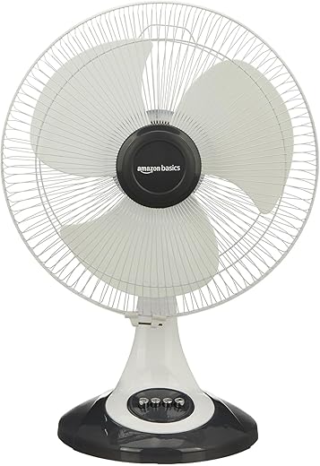 amazon basics High-Speed Table Fan I 3 Adjustable Fan Speeds | Rust Resistant Body | RPM 2100 | 400mm Sweep Length (White)