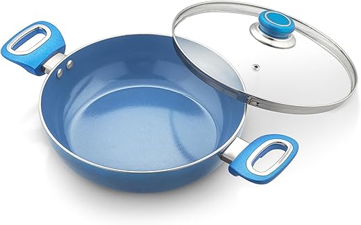 Amazon Brand - Solimo Blue Ceramic Non Stick Induction Base Deep Kadai 24Cm with Glass Lid