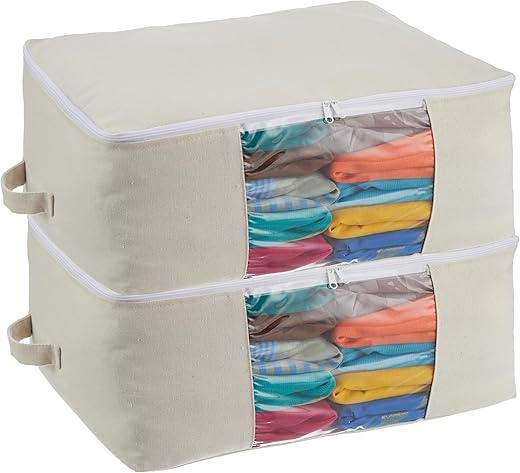 Amazon Brand - Solimo Cotton Saree Storage Bag | Breathable Canvas Material with Zip | Wardrobe Organizer (Pack of 2)