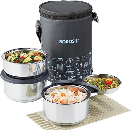 Borosil - Carry Fresh Stainless Steel Insulated Lunch Box Set of 3, (2pcs 280 ml + 1pcs 180 ml), Black
