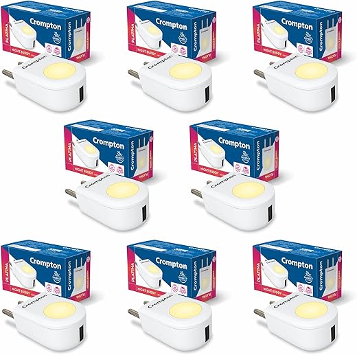 Crompton Night Buddy USB Charger + Lamp| 0.5 W | Natural White | Turbo Charge | Indirect Lighting | USB Charging Point | 2 Pin Plug | Less Power Consuption | Pack of 8