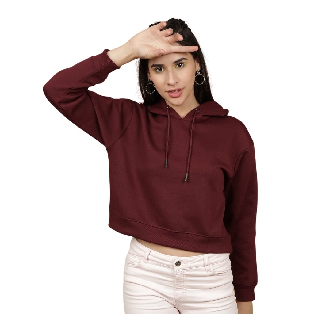 Freehand Women Regular Fit Solid Crop Overhead Hooded Sweatshirt