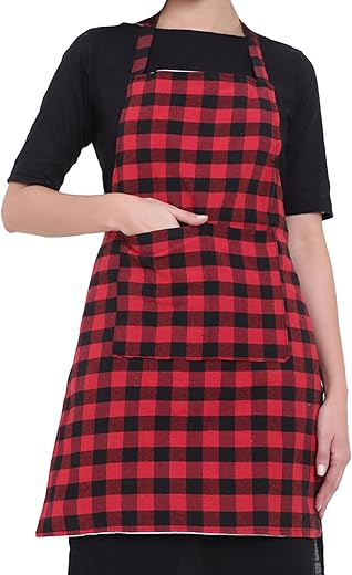 GLUN Waterproof Full Size Unisex Kitchen Checkered Apron with 2 Big Front Centre Pocket and Adjustable Neck Strap (RED-CHECKERED)