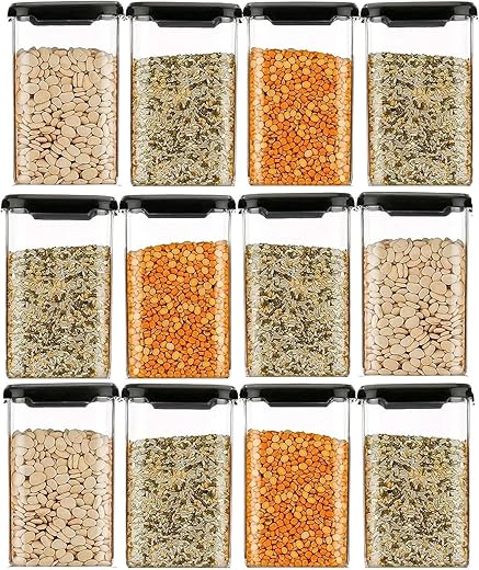 Kitchenwell Airtight Plastic Square Container Set for Kitchen Storage - 1100ml Containers | Unbreakable & Air-Tight Design | Container & Containers Set (Black, Set of 8)