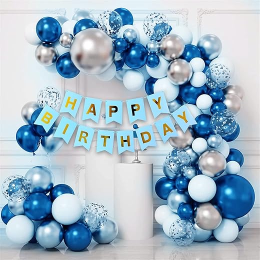 Party Propz Birthday Decoration Items - 52 Pcs, Happy Birthday Decoration Kids Adults | Birthday Decoration Items for Boy Husband Men | Blue White Silver Balloons, Balloon Arch Tape, Banner(Cardstock)